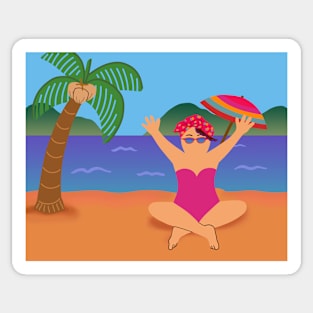 Happy woman in tropical beach paradise on holiday vacation in summer. Sticker